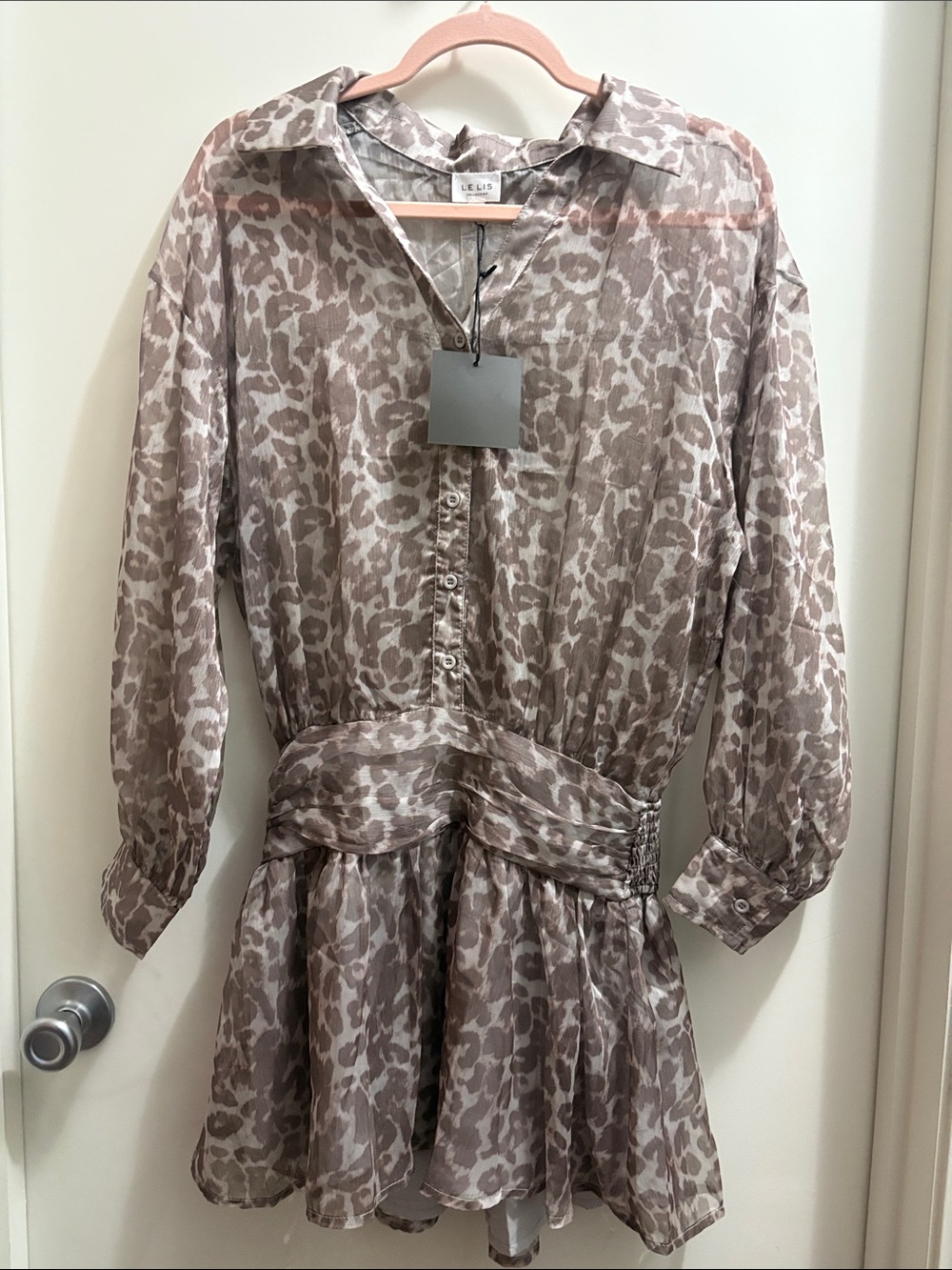 Le Lis Taupe Leopard-Print Shirt Dress with Waist Tie